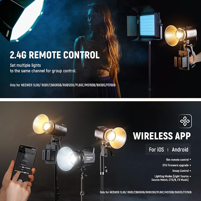 NEEWER MS60B LED Video Light 2.4G/APP Control, 65W Metal Mini Compact COB Continuous Output Lighting Spotlight 2700K-6500K, 40000lux@1m, CRI 97+/TLCI 98+, 12 Effects, PWM Dimming, Bowens Mount, Silver - Image 5