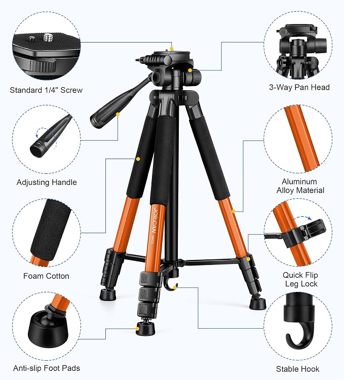 JOILCAN Tripod for Camera, 67" Heavy Duty Camera Tripod, Phone Tripods for Video Recording Photo Vlog, Aluminum Tripods with Holder & Travel Bag for Cameras DSLR iPhone Projector Laser - Image 7