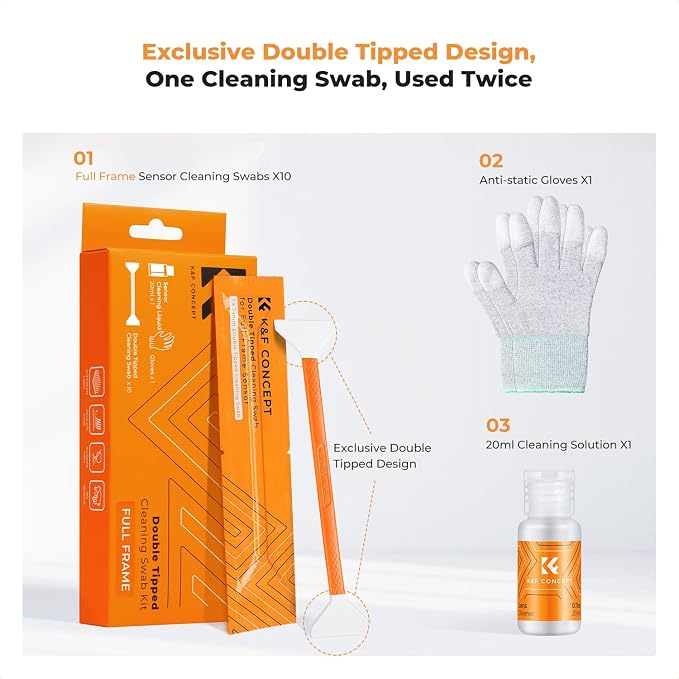 K&F CONCEPT Double-Tipped Full Frame Sensor Cleaning Kit with Cleaner | 24mm Sensor SwabsX10, New Dual-Head Design, Vacuum Sealed,20ML Gentle Cleaner,Precision Cleaning,for Nikon Sony Canon Clean - Image 2