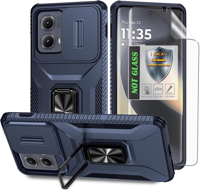 for Moto Edge 2024 Case,with Sliding Camera Lens Cover,HD Screen Protector,360° Rotating Ring Kickstand, Military-Grade Shockproof Protective Cover for Motorola Moto Edge 2024,Blue by AYMECL