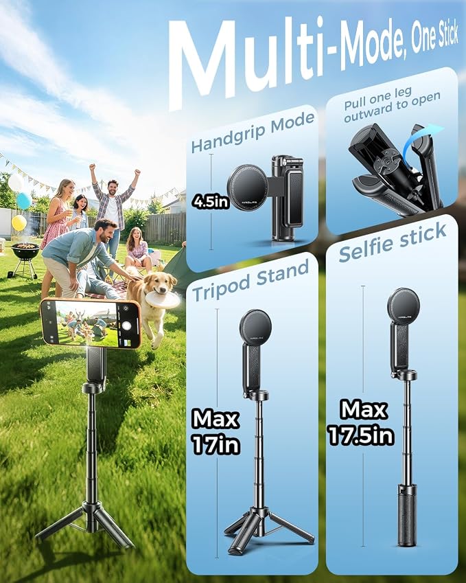 【Max 17"】 MRGLAS Magnetic Mini Tripod Selfie Stick for iPhone【4.5" Pocket】 | 【17" Max Extendable】4.5" Pocket Stand with Wireless Remote, Detachable Clamp, 360° Rotatable for MagSafe, 4-in-1 Mini Tripod - Image 5