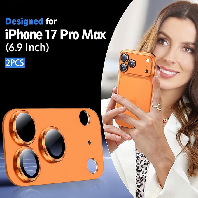 SiHPuoy Camera Lens Protector for iPhone 17 Pro Max, Tempered Glass,Orange | 2pcs, 9H+ Hardness, Military Grade Shatterproof, Anti-Scratch, Case Friendly, Metal Camera Cover, Does not Affect Night Shots - Image 2