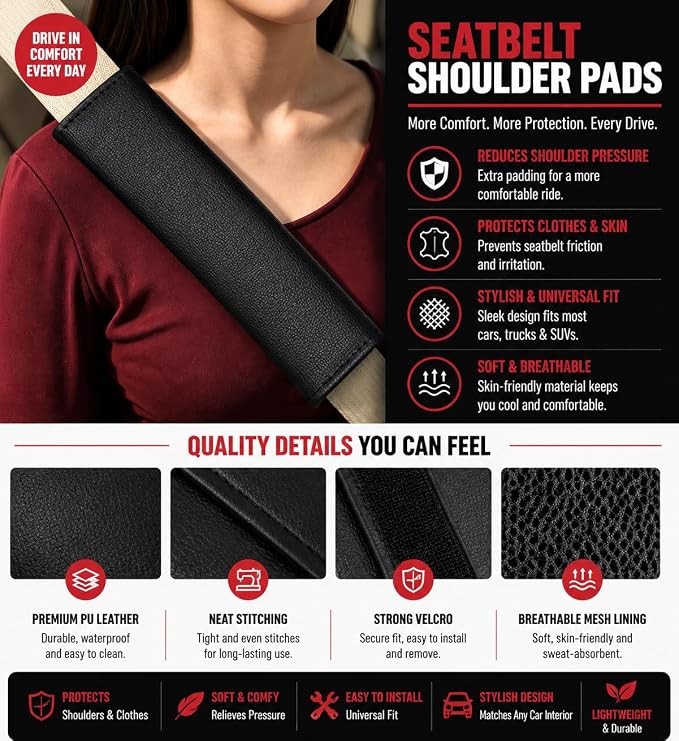 2Pcs Black Leather Seat Belt Covers Soft PU Leather Seat Belt Shoulder Pads, Comfortable Protector for Neck & Shoulder Relief, Universal Fit for Cars, Trucks, SUVs & Backpack Straps - Image 3