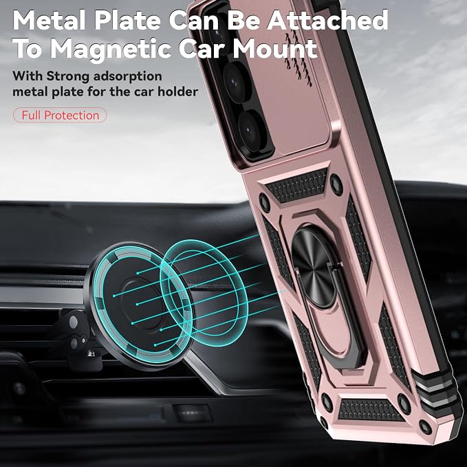 for Samsung Galaxy S24 Plus Case with Camera Lens Cover HD Screen Protector, Military-Grade Drop Tested Magnetic Ring Holder Kickstand Protective Phone Case for Samsung Galaxy S24 Plus (Rose Gold) - Image 3