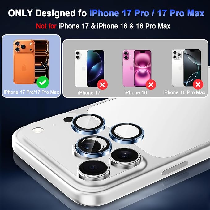 Meshine for iPhone 17 Pro/17 Pro Max Camera Lens Protector,Scratch Proof,Strong Adsorption,9H Hardness with Metal Ring Camera Cover,Ultra Thin Case Friendly, Accessories Lens Protector,Light Blue - Image 2