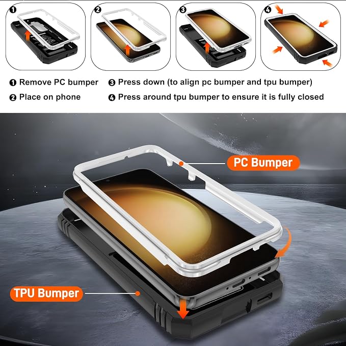 Fit for Samsung Galaxy S23 Plus+ Case with Screen Protector*2, Build in 360° Rotating Ring Kickstand, Military Grade Protective Case for Samsung S23 Plus Phone, White+Black - Image 4