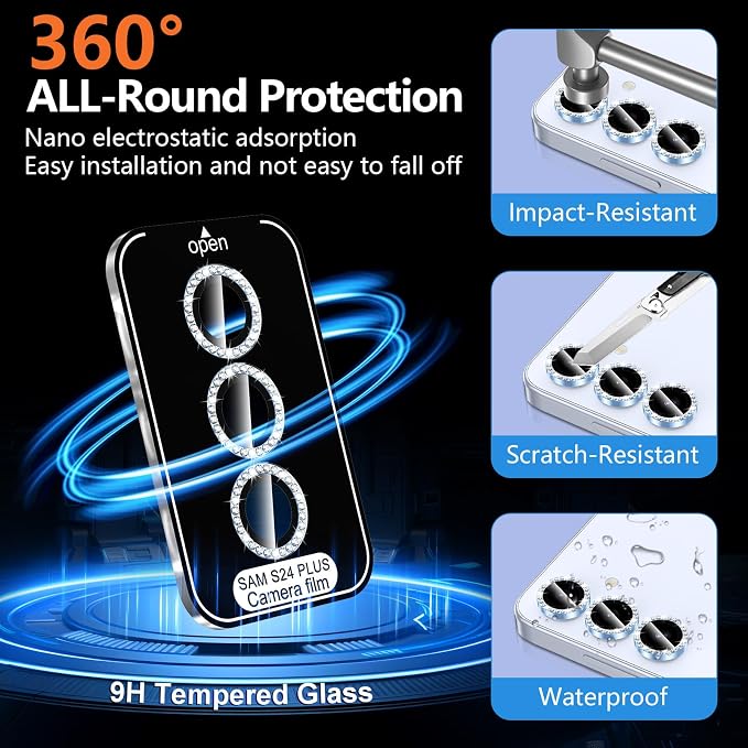 for Samsung Galaxy S24 Plus Camera Lens Protector, Individual Metal Ring Tempered Glass Lens Cover, [Strong Adsorption] Scratch Resistant Ultra-Thin HD Clear Lens Cover, 1 Set-Blue Diamond - Image 2