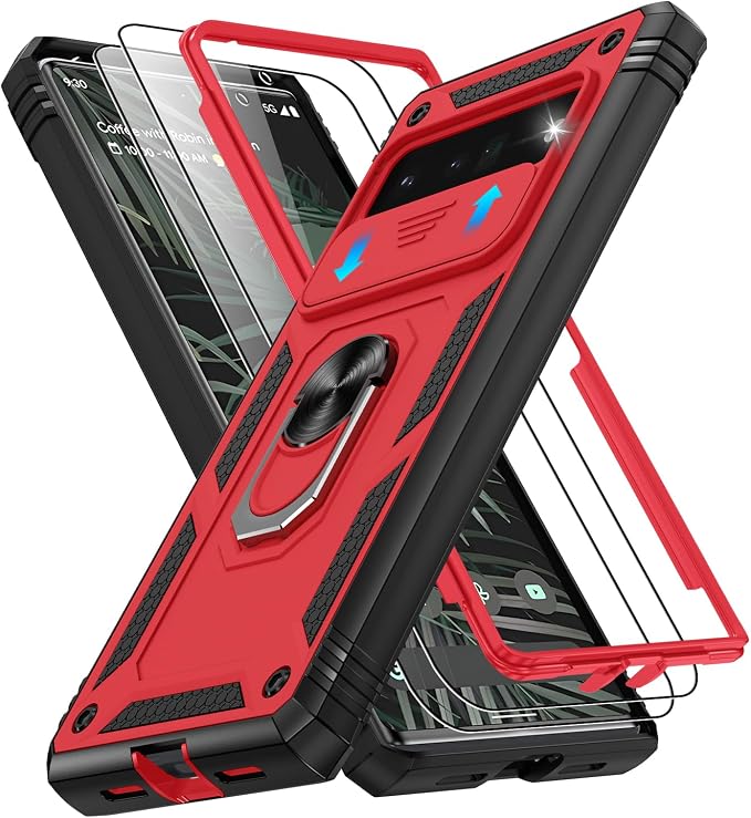 for Google Pixel 6 Pro Case with Slide Camera Cover & Screen Protector (2 PCS), Pixel 6 Pro Case Build in 360° Rotating Ring Kickstand, Military Grade Protective Case for Google 6 Pro Case, Red+Black by Gritup