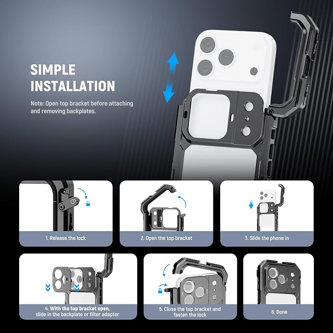 NEEWER Phone Cage Compatible with iPhone 17 Pro, Quick Release Video Rig Stabilizer Accessories with 67mm Filter Ring, 17mm Lens Backplate, T Mount Adapter, 4X Camera Control Cap, PA143 (Black) - Image 2