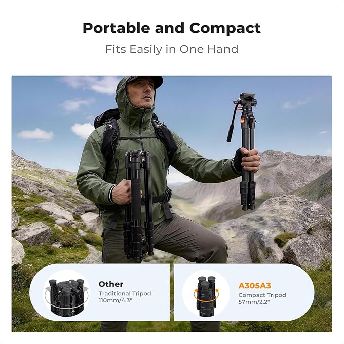 K&F CONCEPT 73" Camera Tripod with Fluid Head | Aluminum Travel Tripod, Smooth Pan/Tilt for DSLR/Mirrorless/Camcorder, Max Load 6.6lb, A305A3+FH-04 - Image 3