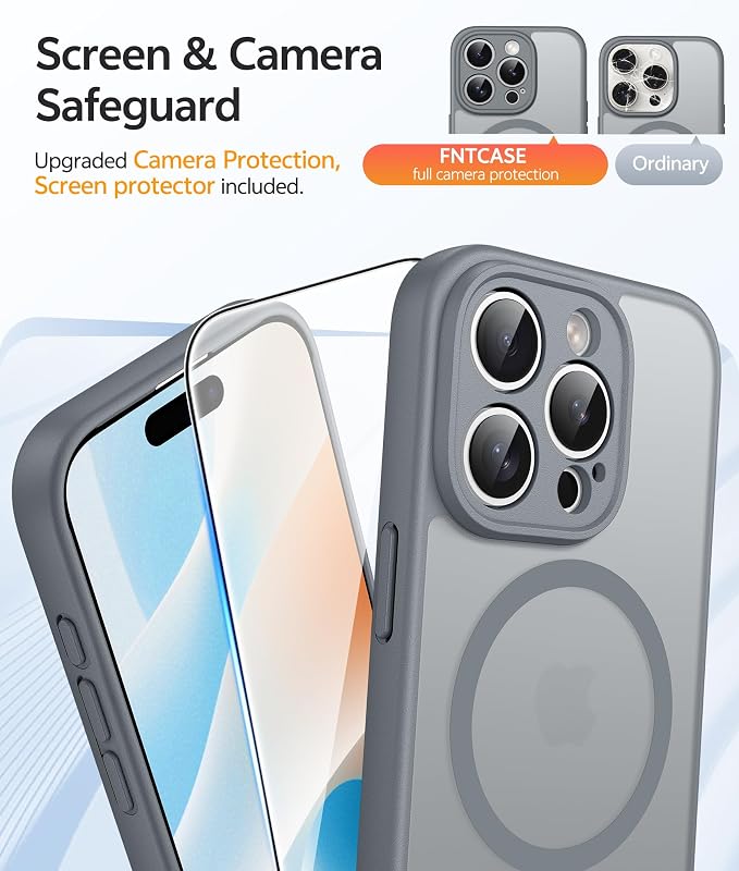 FNTCASE for iPhone 15 Pro Case, Fit for Magsafe, Screen Protector, Gray | Full Camera Protection, Translucent Matte, 14FT Military Grade Drop Proof, Shockproof Protective Phone Cover - Image 4