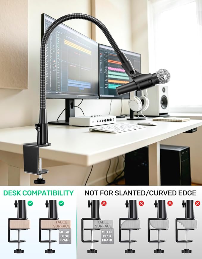 19 Inch Gooseneck Microphone Holder for Podium, 【Heavy-Duty】 2.5 lb Max | Thickened Aluminum Flexible Gooseneck, 2 Mic Holders, 1/4" and 3/8" Adapters, Desk Clamp, Ideal for Gaming, Podcast - Image 5