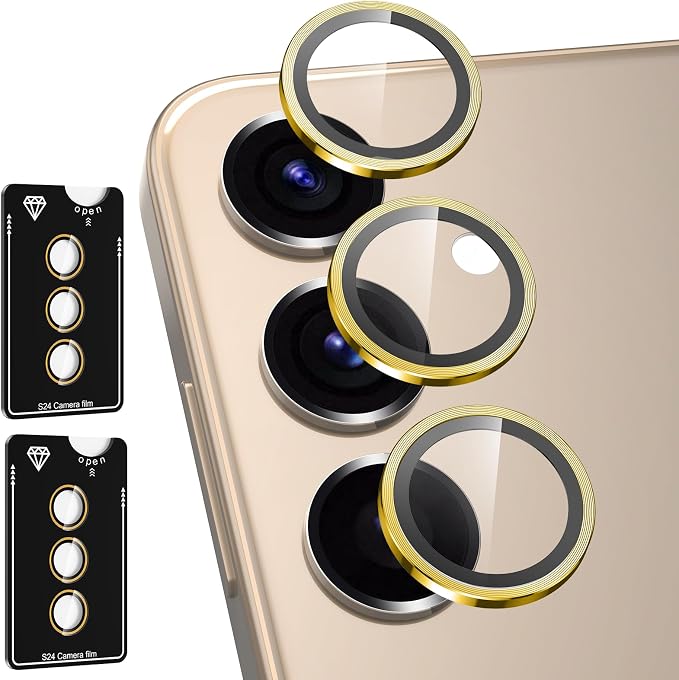 for Samsung Galaxy S24 Camera Lens Protector, Individual Metal Ring Tempered Glass Lens Cover, [Strong Adsorption] Scratch Resistant Ultra-Thin HD Clear Lens Cover, 2 Sets-Gold by Btscase