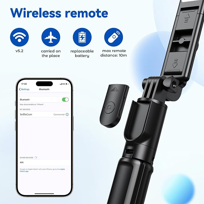 Selfie Stick Tripod with Light, Retractable Selfie Stick Tripod with Wireless Remote Control, for Photograph, Live Streaming, Video Recording, Compatible with 4-7'' Smartphone - Image 4