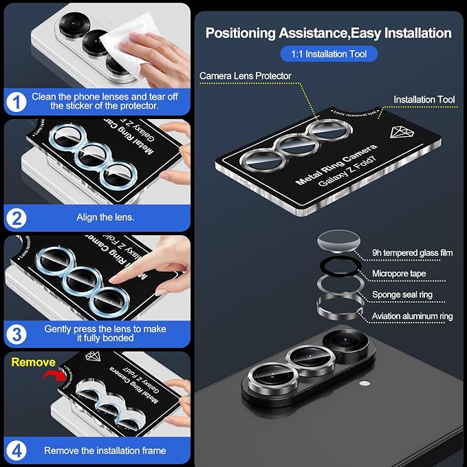 for Samsung Galaxy Z Fold 7 Camera Lens Protector, Individual Metal Ring Tempered Glass Lens Cover, [Strong Adsorption] Scratch Resistant Ultra-Thin HD Clear Lens Cover, 1 Set-Black - Image 6