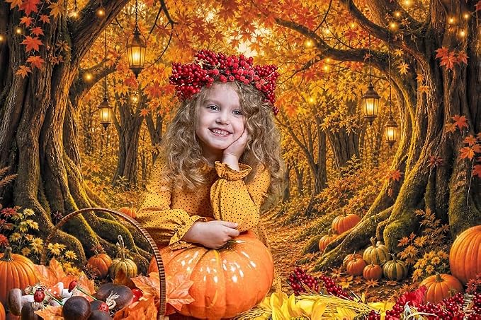 Fall Forest Photo Backdrop 8x8ft Autumn Garden Backdrop for Photography Fall Pumpkin Maple Wonderland Floral Background for Photoshoot Thanksgiving Birthday Photo Booth Props Vinyl - Image 5