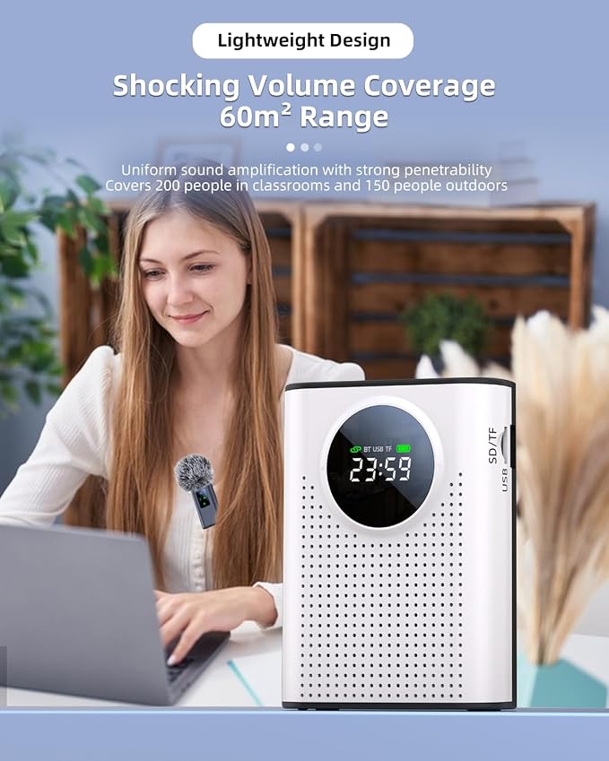S67 Rechargeable Voice Amplifier Wireless Microphone for Teachers Classroom, Mini Lavalier Lapel Mic Clip Magnetic, Portable Bluetooth Speaker with LED Display for Class, Tour Guide, White - Image 9