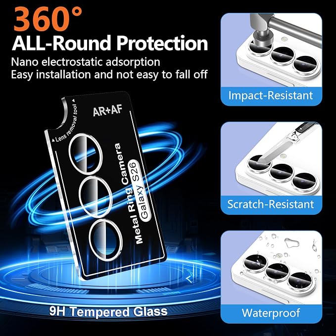 for Samsung Galaxy S26 Camera Lens Protector, Individual Metal Ring Tempered Glass Lens Cover, [Strong Adsorption] Scratch Resistant Ultra-Thin HD Clear Lens Cover, 1 Set-Titanium Silver Ring - Image 2