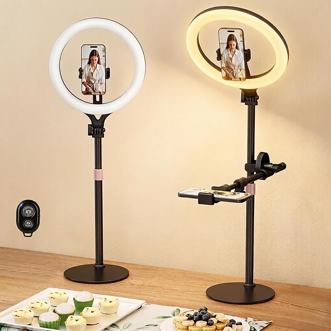 11" Desk Ring Light,Wireless Bluetooth Ring Light with Stand & Phone Holder,Overhead Phone Mount for Video Recording,Tripod for Cooking Videos,Webcam Lamp/TikTok/YouTube,Compatible with iPhone Camera by LUOLED