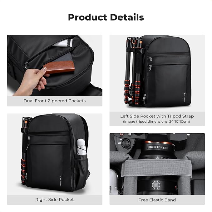 K&F CONCEPT Camera Backpack, Lightweight Camera Bag with Tripod Holder | Professional Bag for DSLR/SLR Mirrorless, with 14in Laptop Compartment & Rain Cover, Men & Women, for Sony Canon Nikon, B19 - Image 6