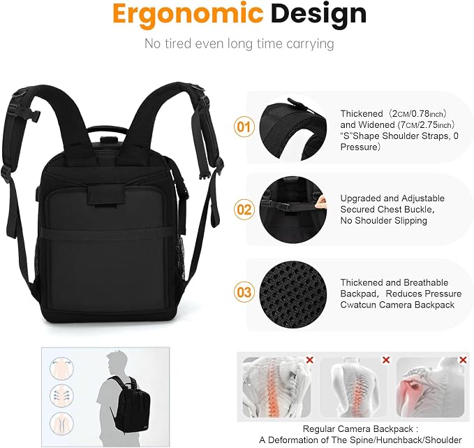 Cwatcun Camera Trolley Bag, Rolling DSLR Case with Removable Cart | Fits 2 DSLRbodies+3-5lenses+flash+15.6"laptop+tripod. 900D nylon, padded dividers, carry-on friendly, for city adventures. - Image 8