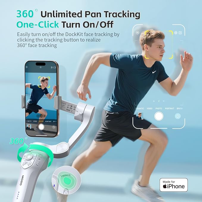 COMITOK Only for iPhone, MOGO [Apple MFi Certified] Gimbal Stabilizer for iPhone with Phone Clip & RGB Light, Support Selecting Tracking Target on Apple Watch & iOS26 Cameras for iPhone 16 15 Pro Max - Image 6