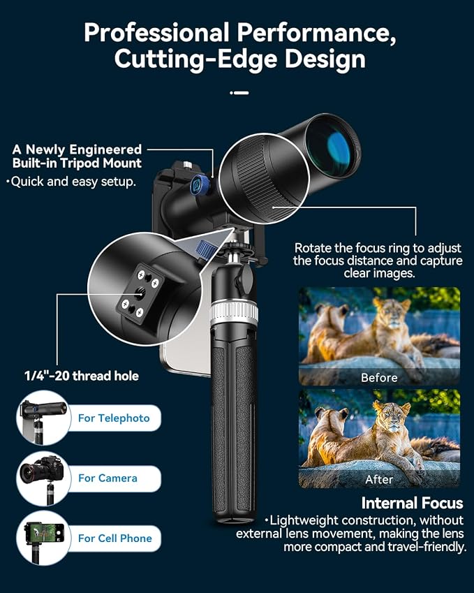 MIAO LAB 30X Telephoto Lens, High Power HD Telephoto Phone Lens with Adjustable Tripod and Universal Phone Clip, Phone Lens Attachment for iPhone & Android - Image 6
