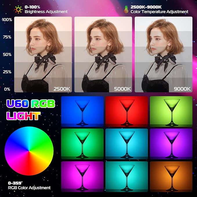 ULANZI U60 RGB Video Lights White LED Camera Light 360° Full Color Portable Photography Lighting w Quick Release Cold Shoe Adapter and Clip, 2500mAh Rechargeable CRI 95+ 2500-9000K Dimmable Panel Lamp - Image 3
