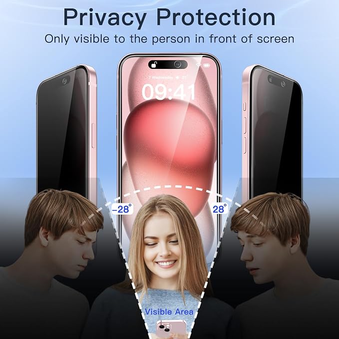 JETech Privacy Screen Protector for iPhone 15, 2+2 Pack | Anti-Spy Tempered Glass, with Camera Lens Protector, Easy Installation Tool - Image 4