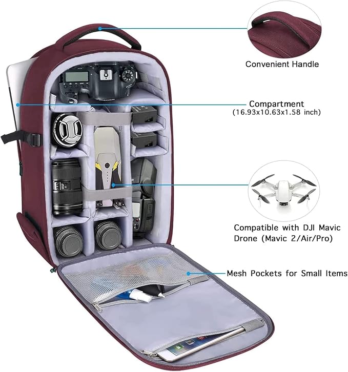 MOSISO Camera Backpack, DSLR/SLR/Mirrorless Photography Camera Bag | 15-16 inch Waterproof Hardshell Case with Tripod Holder&Laptop Compartment Compatible with Canon/Nikon/Sony, Wine Red - Image 2