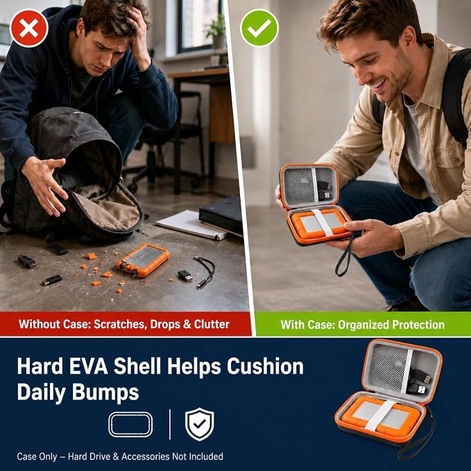 ALKOO Case for LaCie Rugged Mini 1TB/2TB/4TB/5TB External Hard Drive | Portable HDD Holder, Cable Pocket, SD Card Storage, for Photographers, Creators, Students, Office, Travel, Case Only, Orange - Image 5