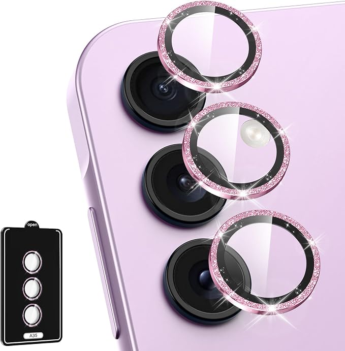 for Samsung Galaxy A35 5G Camera Lens Protector, Individual Metal Ring Tempered Glass Lens Cover, [Strong Adsorption] Scratch Resistant Ultra-Thin HD Clear Lens Cover, 1 Set-Pink Sparkly by Btscase