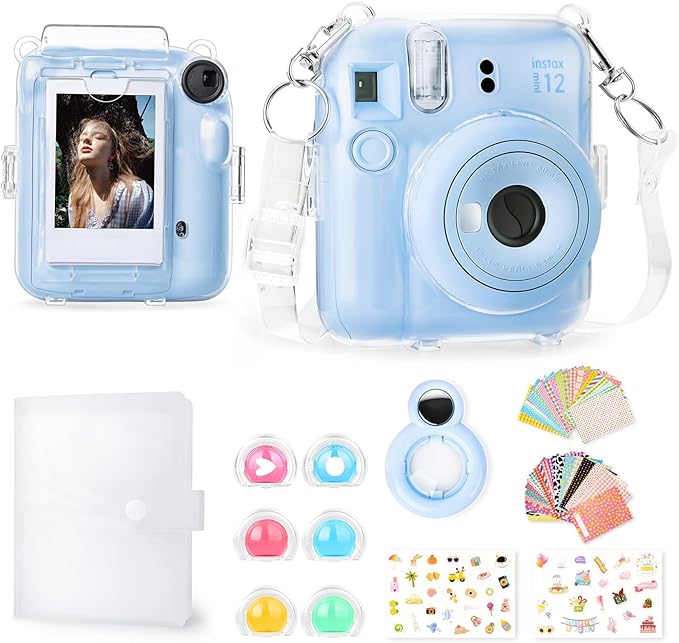 Rieibi Accessories for Fujifilm Mini 12, Gift Bundle Includes Clear MINI12 Case with Strap, Mini Photo Album, Selfie Mirror, DIY Stickers, Color Filter (No Camera) - Blue by Rieibi