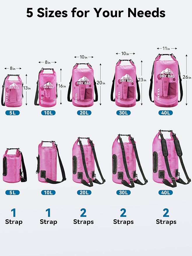 HEETA Dry Bag Waterproof Backpack with Phone Case 5L/10L/20L/30L/40L | Roll Top Lightweight Dry Storage Bag for Women Men, Travel Boating Kayaking Paddle Board Camping Beach Essentials Accessories - Image 2