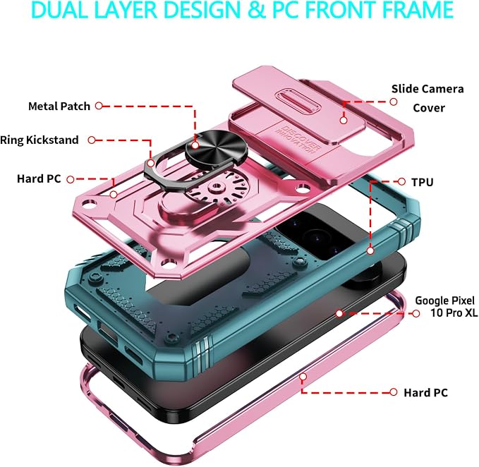 Case for Google Pixel 10 Pro XL/Pixel 9 Pro XL, with 3 Pcs Tempered Glass Screen Protector Built in Ring Stand Kickstand + Camera Cover, Hard PC Soft TPU Defender Full Body Protective Case -Pink/Green - Image 6