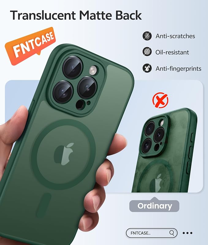 FNTCASE for iPhone 15 Pro Case, Fit for Magsafe, Screen Protector, Green | Full Camera Protection, Translucent Matte, 14FT Military Grade Drop Proof, Shockproof Protective Phone Cover - Image 6