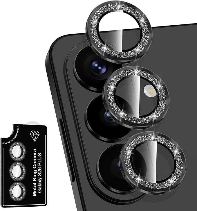 for Samsung Galaxy S26 Plus Camera Lens Protector, Individual Metal Ring Tempered Glass Lens Cover, [Strong Adsorption] Scratch Resistant Ultra-Thin HD Clear Lens Cover, 1 Set-Black Sparkly by Btscase