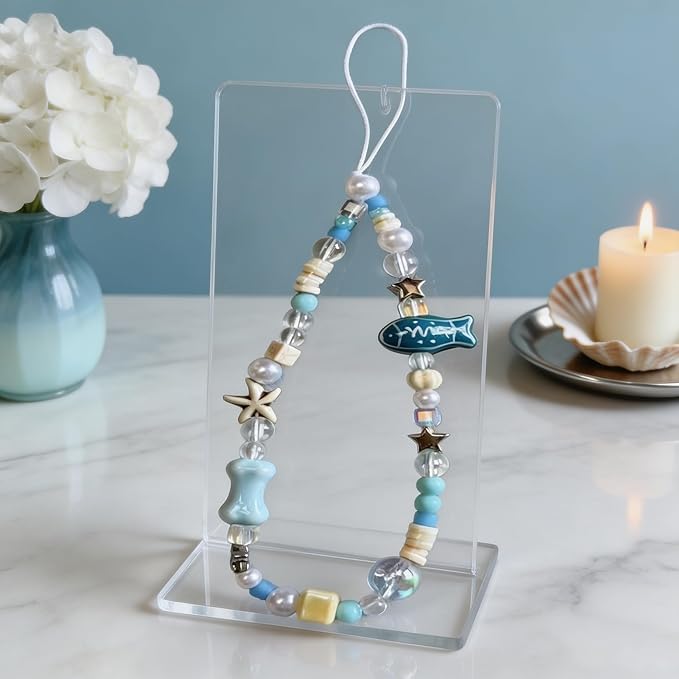 2 Pcs Phone Charm Strap Hand Wrist Strap Camera Lanyard Pearl Beaded Cute Chain String Accessories Universal for iPhone 17 Pro Max 16 15 for Samsung Women Girls Keychain Bag Blue Fish and Green Beads - Image 4