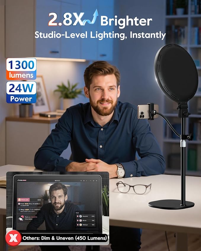 1300 Lumens Ring Light with Stand for Desk, Computer & Laptop – Podcast & Streaming Light with Flexible Phone Holder, CRI 98+ Bright Yet Soft Influencer Light for Video Recording, Conference & Calls - Image 3