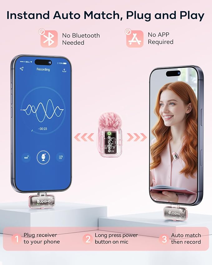 Wireless Mini Lavalier Microphones for iPhone iPad Android with Charging Case, USB C Lapel Mic with Noise Reduction & Voice Changer Mode for Video Recording Vlog YouTube Interview and Game Chat (Pink) - Image 2