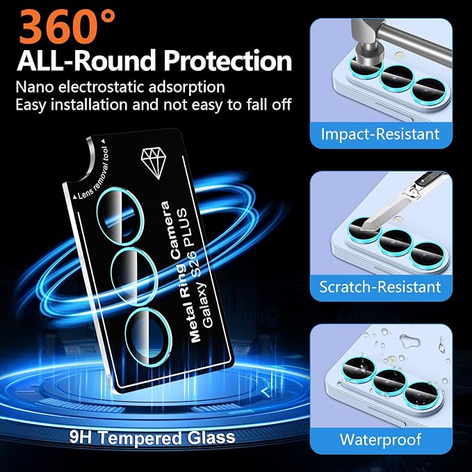 for Samsung Galaxy S26 Plus Camera Lens Protector, Individual Metal Ring Tempered Glass Lens Cover, [Strong Adsorption] Scratch Resistant Ultra-Thin HD Clear Lens Cover, 1 Set-Blue Shine - Image 4