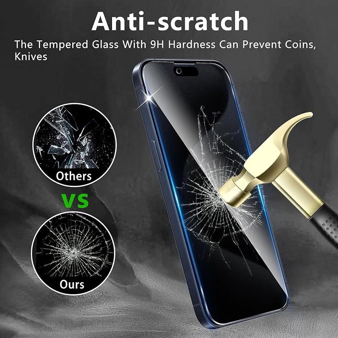 3+3 Pack Privacy Screen Protector Designed for iPhone 15 Pro With 3 Pack Camera Lens Protector,Full Coverage Anti-Spy Tempered Glass Film,9H Hardness,Bubble Free,Easy to Install - Image 4