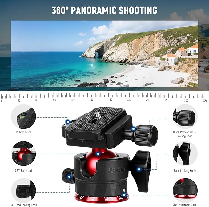 NEEWER Basics Travel Tripod for Camera, 72" Compact Lightweight Portable DSLR Stand, Ball Head, Arca Type QR Plate, Cell Phone Holder Compatible with iPhone Video Recording, Max Load 13.2 lbs, TP14 - Image 5
