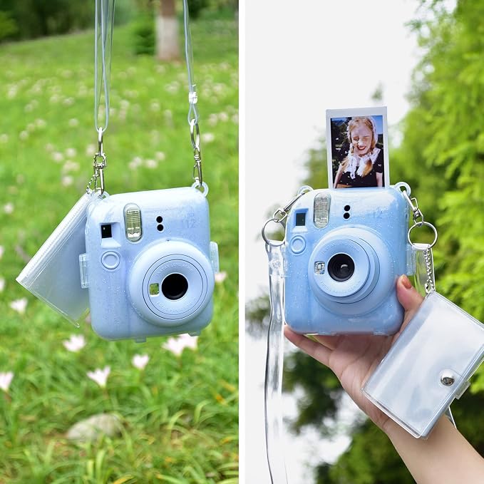 Rieibi Clear Case Compatible with Fuji Instax Mini 12 - Glitte Case Bag for Fujifilm Instax Mini 12 Instant Camera with Back Pocket, Strap and Photo Album - Glitter Blue - Image 6