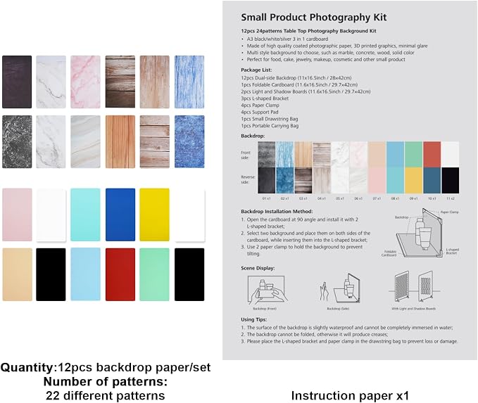 Meking 12Pcs 22Patterns Small Product Photography Backdrops Kit | Photo Background Food Photography Backdrop Board with Carrying Bag and Drawstring Bag(16.5X11inch) - Image 9