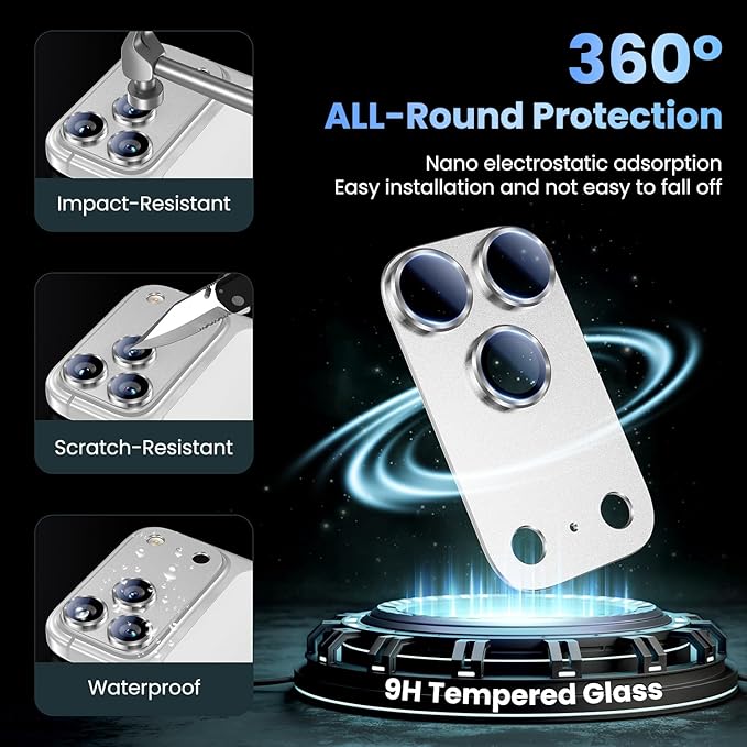 Uyiton for iPhone 17 Pro Max Camera Lens Protector, Metal Frame Glass Cover | Not Easy to Break, Strong Adsorption, Case-Friendly, Metal 9H Sapphire Glass Rear Camera Screen Cover, Silver, 2 Packs - Image 2