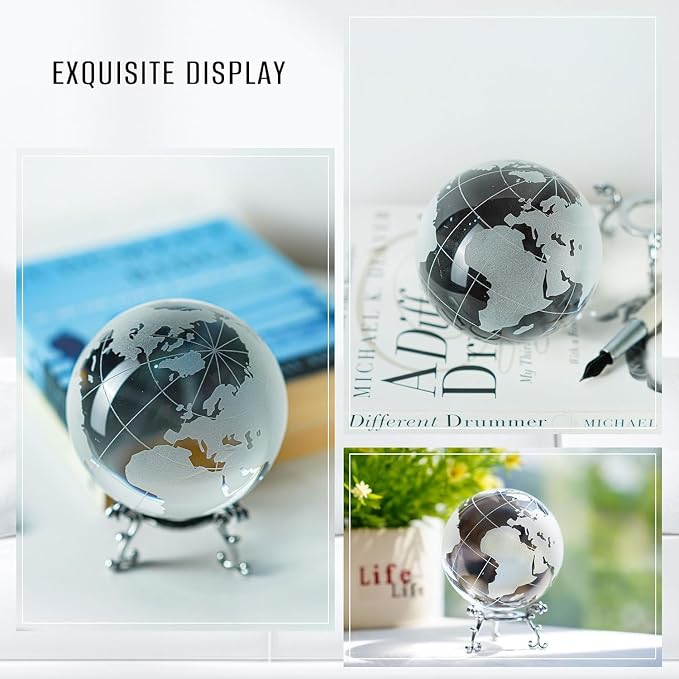 3.15in Crystal Earth Globe with Stand Glass World Globe Paperweight | Premium K9 crystal Includes metal stand Ready for desk office bookshelf and home display - Image 4
