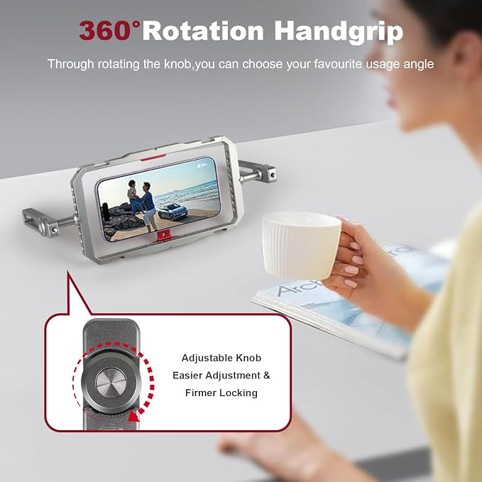 Magnetic Phone Cage with Handle,Smartphone Cage Kit with 360° Rotation Handgrip and Magnetic Sticker for Photography,Compatible with iPhone 17/16/15/14/13 Series and Andriod Phones (Silver+Red) - Image 5