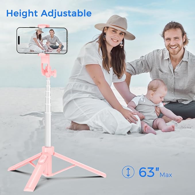 Selfie Stick Tripod for Phone with Remote Control & Holder, 63 Inch, Pink | Extendable Selfie Stick Travel for iPhone, iPhone Tripod for Video Recording - Image 3
