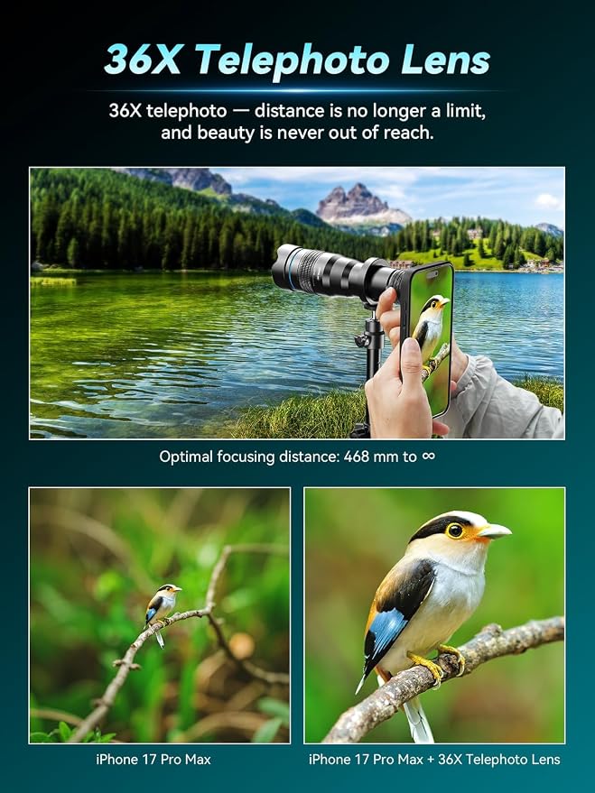 APEXEL 36x Telephoto Lens Compatible with iPhone 17 Pro Max | Photography for Travel, Birdwatching, Exploration | Kit with Sturdy Metal Tripod and Threaded Phone Case - Image 2